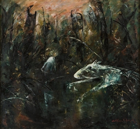 CHILD AND WHITE DOG BY POND by Arthur Merric Bloomfield Boyd